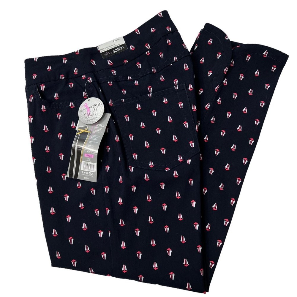 Slimsation by Simply Southern Navy Ankle Cropped Pants with Sailboat Print